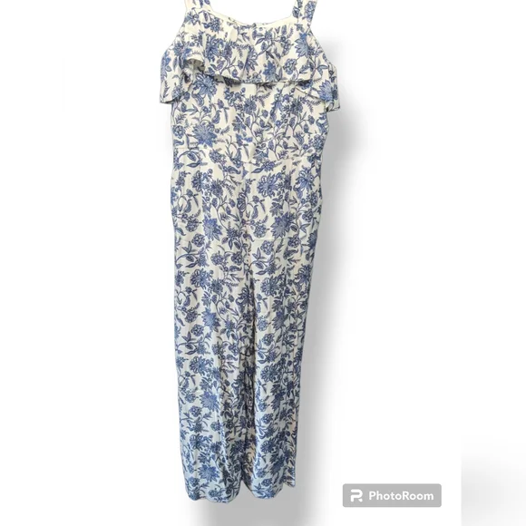 LOFT Blue and White Jumpsuit Romper Ruffled Neckline, 0 - Picture 2 of 11